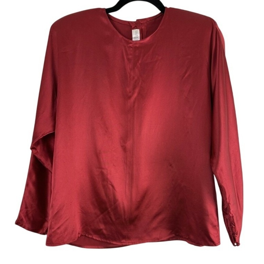 Valerie Stevens Vintage Red Linen Blouse Padded Shoulder Satin Finish Petite 12P